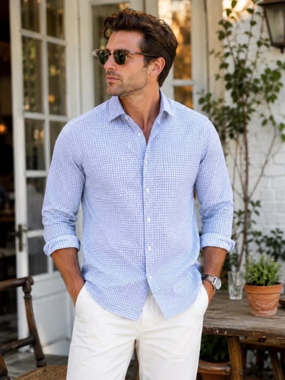 Bugatchi Shaped Fit Shirt M Blue Houndstooth Cotton Long Sleeve